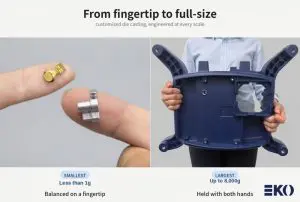 Zinc die-cast precision part under 1g beside a large 7,700g aluminum die-cast structural frame - EKO die casting capability